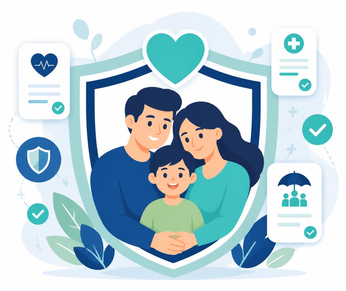 Ilustração de uma família protegida por um escudo, representando planejamento e segurança em saúde